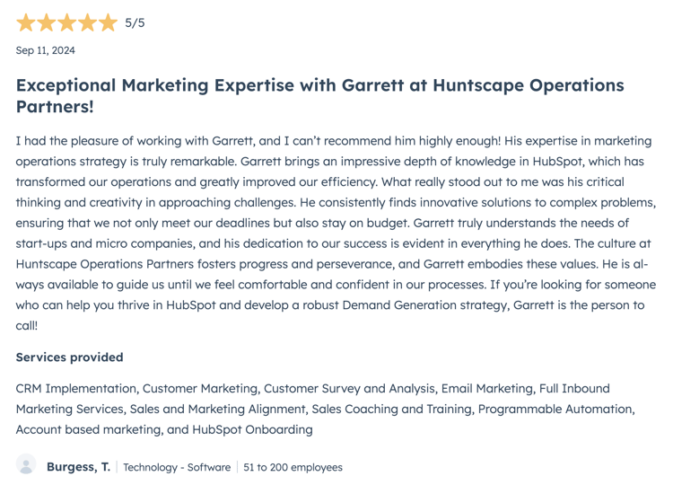 Hubspot consultant review and testimonial on HubSpot consulting